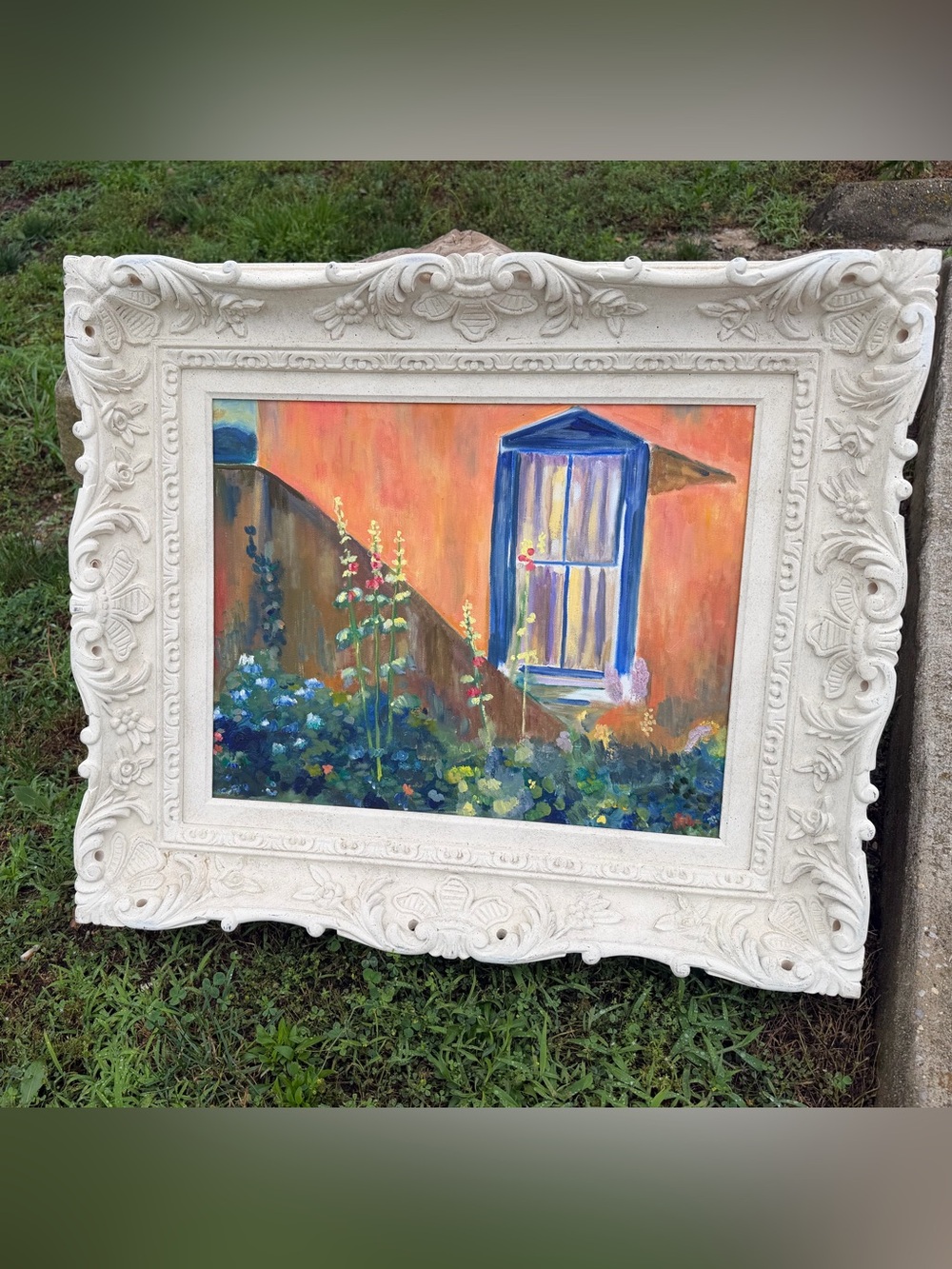 Hand-Painted Floral Window Scene in Blue and Orange wooden frame oil painting